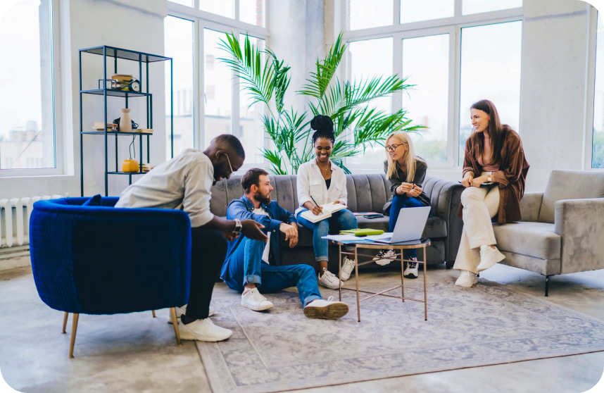 five people sitting together and having a discussion