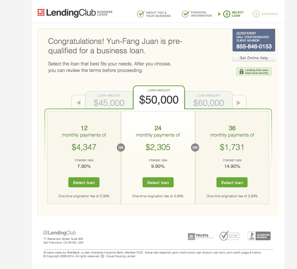 Screenshot of the lendingclub.com loan offers page