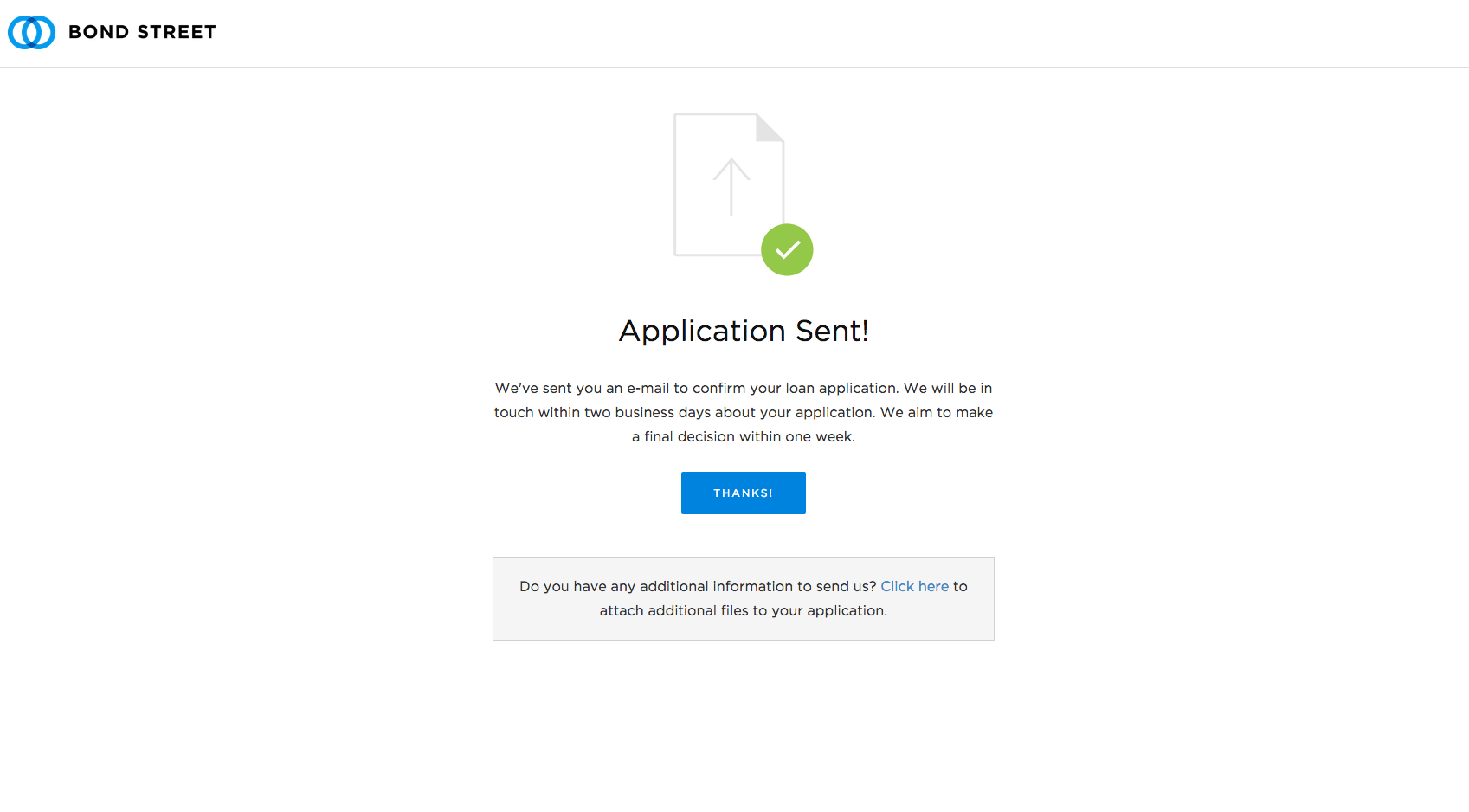 Screenshot of the bondstreet.com application sent page
