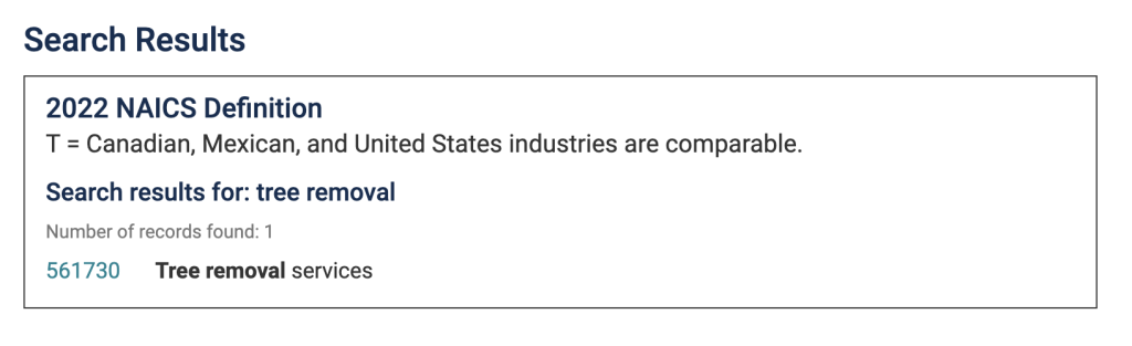 Naics code search box showing results for tree removal services